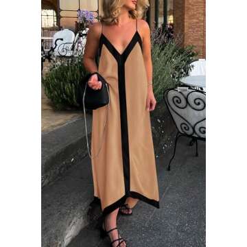 PRETTYGARDEN Women's 2025 Summer Maxi Dress Sleeveless V Neck Spaghetti Strap Flowy Elegant Holiday Party Dresses (Khaki,Medium)