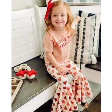 FYBITBO Toddler Baby Girl Valentines Day Outfit Little Miss Short Sleeve Tee Shirt Top Heart Bell Pants Spring Clothes (Heart print pink,3-4T)
