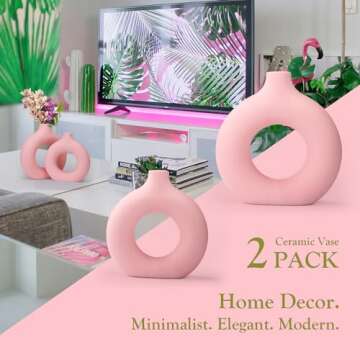 2-Pack Light Pink Ceramic Vase for Modern Home Decor, Round Matte Pampas Flower Vases Minimalist Nor...