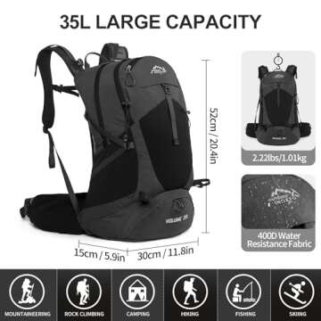IX INOXTO Hiking Backpack - 35L Waterproof Daypack with 3L Bladder and Rain Cover for Outdoor Advent...