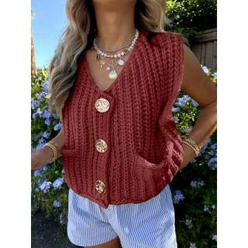 ANRABESS Women Chunky Knit Sweater Vest - Stylish Sleeveless Cardigan with Pockets for Spring 2025 i...