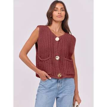 ANRABESS Women Chunky Knit Vest with Pockets Rust