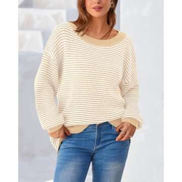 Zenlonr Women's 2025 Fall Winter Striped Sweater Long Sleeve Off Shoulder Loose Knit Pullover Tops(B...