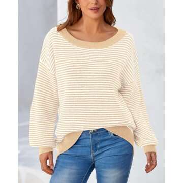 Zenlonr Women's 2025 Fall Winter Striped Sweater Long Sleeve Off Shoulder Loose Knit Pullover Tops(Beige,Small)