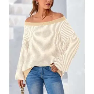 Zenlonr Women's 2025 Fall Winter Striped Sweater Long Sleeve Off Shoulder Loose Knit Pullover Tops(Beige,Small)
