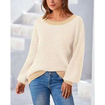 Zenlonr Women's 2025 Fall Winter Striped Sweater Long Sleeve Off Shoulder Loose Knit Pullover Tops(Beige,Small)