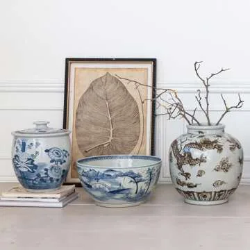 Creative Co-Op Vintage Lotus Porcelain Ginger Jar, Blue