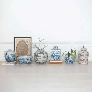 Creative Co-Op Vintage Lotus Porcelain Ginger Jar, Blue