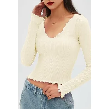 CHYRII Ribbed Ruffle V-Neck Long Sleeve Top for Women