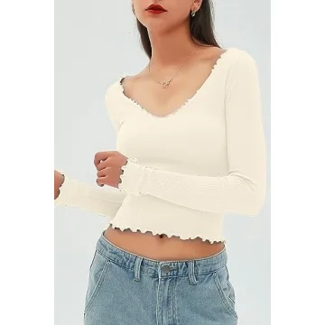 CHYRII Ribbed Ruffle V-Neck Long Sleeve Top for Women