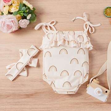 Baby Girls Daisy Playsuits Bodysuit+Headband Print Halter Romper Floral Jumpsuit Infant Summer Clothes (A-Rainbow, 12-18 Months)