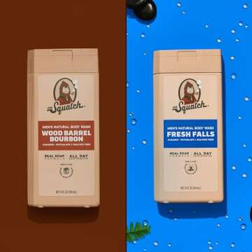 Dr. Squatch NEW Natural Body Wash for Men - Exfoliating and Non-Exfoliating - Wood Barrel Bourbon + Fresh Falls (14 oz, 2 Pack)