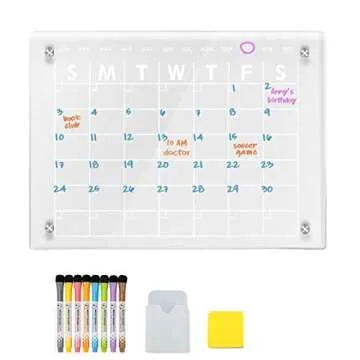 TOHERVIE Magnetic Acrylic Dry Erase Calendar Board for Fridge, 17"x12" Inches Clear Planning Board Planner for Refrigerator with 8 Colors Markers and Holder Eraser