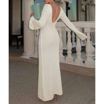 Leoparts Crochet Swimsuit Cover Up for Women Sexy V Neck Hollow Out Backless Maxi Dress Beach Bikini Coverup Dresses