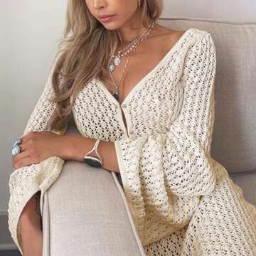 Leoparts Crochet Swimsuit Cover Up for Women Sexy V Neck Hollow Out Backless Maxi Dress Beach Bikini Coverup Dresses