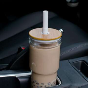 Luxfuel 24 oz Wide Mouth Mason Jar Drinking Glasses with Bamboo Lids and Straws,Reusable Glass Tea Cup for Smoothie,Iced Coffee,Water,Juice/BPA Free -2 Pack