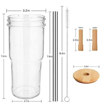 Luxfuel 24 oz Wide Mouth Mason Jar Drinking Glasses with Bamboo Lids and Straws,Reusable Glass Tea Cup for Smoothie,Iced Coffee,Water,Juice/BPA Free -2 Pack