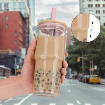 Luxfuel 24 oz Wide Mouth Mason Jar Drinking Glasses with Bamboo Lids and Straws,Reusable Glass Tea Cup for Smoothie,Iced Coffee,Water,Juice/BPA Free -2 Pack