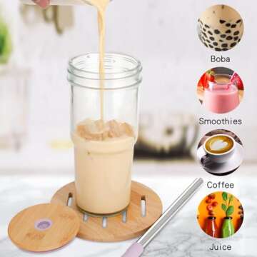 Luxfuel 24 oz Wide Mouth Mason Jar Drinking Glasses with Bamboo Lids and Straws,Reusable Glass Tea Cup for Smoothie,Iced Coffee,Water,Juice/BPA Free -2 Pack