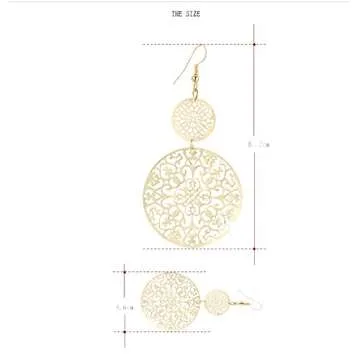 IDB Delicate Filigree Dangle Double Circle Drop Hook Earrings - Approx 3 1/4 inches (3.25" / 8.2 cm) Length x 1 13/16 inches (1.81" / 4.6cm) - (Gold Tone)