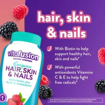 Vitafusion Gorgeous Hair, Skin & Nails Multivitamin plus Biotin and Antioxidant vitamins C&E, Raspberry Flavor, 135ct (45 day supply), from America’s Number One Gummy Vitamin Brand