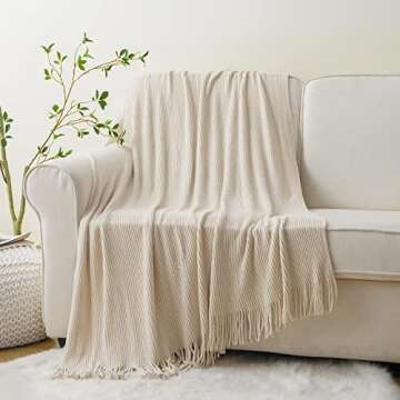 BATTILO HOME Beige Throw Blanket for Couch, Soft Chenille Knit Throws with Tassels for Home Decor, S...