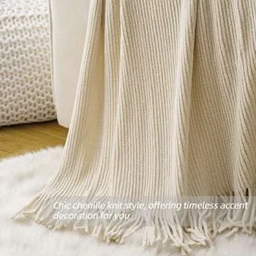 BATTILO HOME Beige Throw Blanket for Couch, Soft Chenille Knit Throws with Tassels for Home Decor, Spring Beige Throws for Couch Cover, 50"x60"