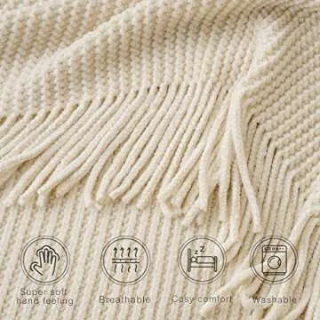 BATTILO HOME Beige Throw Blanket for Couch, Soft Chenille Knit Throws with Tassels for Home Decor, Spring Beige Throws for Couch Cover, 50"x60"