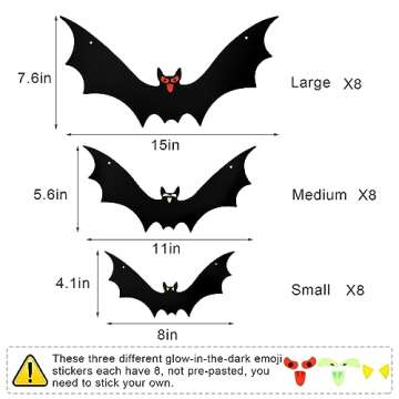 Yanyoyo 24 PCS Hanging Bats Halloween Decorations Outdoor - Large Flying Plastic Bats with Glow-in-The-Dark Eyes Stickers, Halloween Bats Outdoor Decor for Hanging in The Tree, Porch, Yard