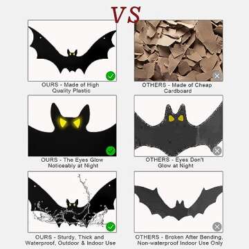 Yanyoyo 24 PCS Hanging Bats Halloween Decorations Outdoor - Large Flying Plastic Bats with Glow-in-The-Dark Eyes Stickers, Halloween Bats Outdoor Decor for Hanging in The Tree, Porch, Yard
