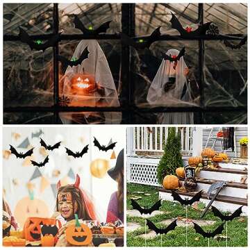 Yanyoyo 24 PCS Hanging Bats Halloween Decorations Outdoor - Large Flying Plastic Bats with Glow-in-The-Dark Eyes Stickers, Halloween Bats Outdoor Decor for Hanging in The Tree, Porch, Yard