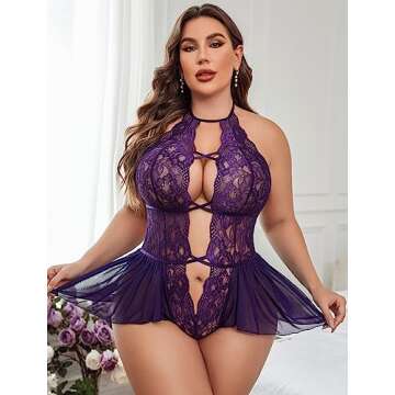 Avidlove Womens Plus Size Lingerie Lace Bodysuit Teddy Deep V One Piece Lace Babydoll Purple