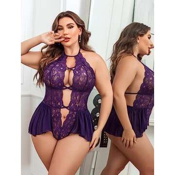 Avidlove Womens Plus Size Lingerie Lace Bodysuit Teddy Deep V One Piece Lace Babydoll Purple