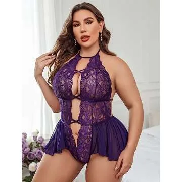 Avidlove Womens Plus Size Lingerie Lace Bodysuit Teddy Deep V One Piece Lace Babydoll Purple