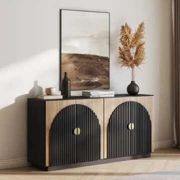 BELLEZE 65 Inch Fluted Buffet Cabinet with Storage, Symmetrical Arc Accent Sideboard Large Console Table for Dining Room, Kitchen, and Living Room (Camel)