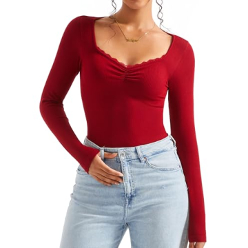 SUUKSESS Sweetheart Neck Long Sleeve Ribbed Top with Lace Trim