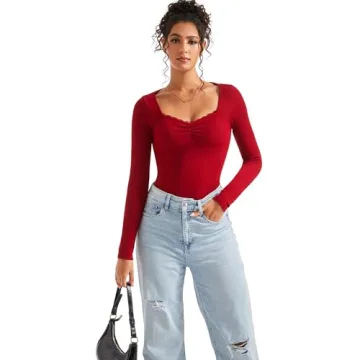 Women Sweetheart V Neck Long Sleeve Top with Lace Trim