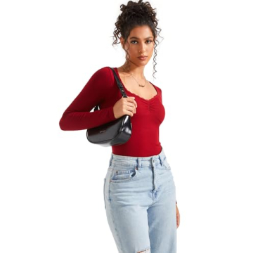 Women Sweetheart V Neck Long Sleeve Top with Lace Trim