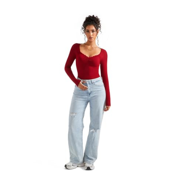 Women Sweetheart V Neck Long Sleeve Top with Lace Trim