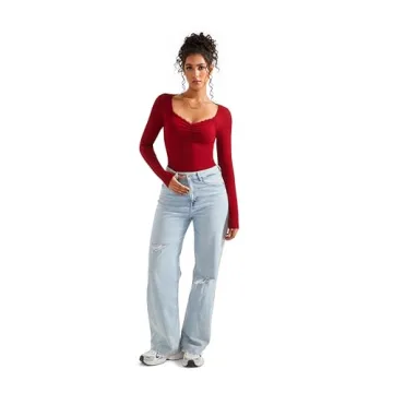 Women Sweetheart V Neck Long Sleeve Top with Lace Trim