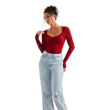 Women Sweetheart V Neck Long Sleeve Top with Lace Trim