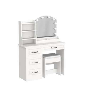 Vabches Makeup Vanity Desk with Lights and 4 Drawers, White Vanity Set Makeup Table Lots Storage, 3 Lighting Colors, Large Size 39.4in(L)