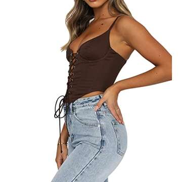 Women Corset Crop Top Sexy Y2k Push Up Slim Cami Bushier E-Girl Solid Color PU Leather Lace Up Camisole Clubwear (Brown Lace-up, Medium)