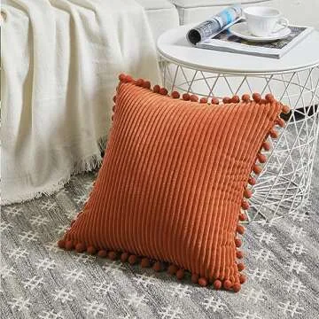 Fancy Homi Pack of 2 Burnt Orange Decorative Throw Pillow Covers 18x18 Inch with Pom-poms for Couch ...