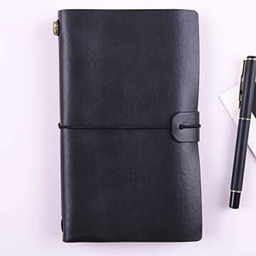 Ailifly Retro Refillable Handmade PU Leather Travelers Writing Journal Notebook with Lined Pages and Card Holders (Black)