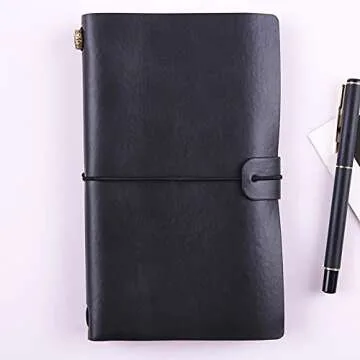Ailifly Retro Refillable Handmade PU Leather Travelers Writing Journal Notebook with Lined Pages and Card Holders (Black)
