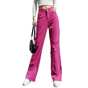 Women's Flower Print Y2K Fashion Wide Leg High Waist Denim Pants Boyfriend Jeans Loose Fit Vintage J...