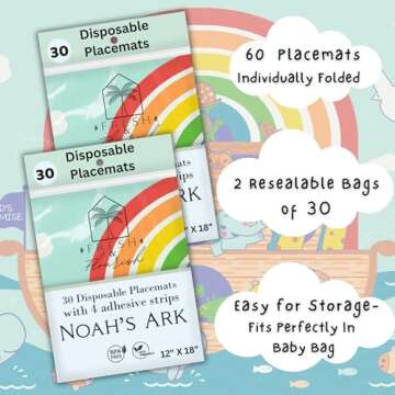 Kids Disposable Placemats for Baby | 60 Noah’s Ark Disposable Placemats for Toddlers w/Adhesives | Stick on Baby Mats for Parents on The Go | Travel Essential