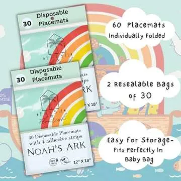Kids Disposable Placemats for Baby | 60 Noah’s Ark Disposable Placemats for Toddlers w/Adhesives | Stick on Baby Mats for Parents on The Go | Travel Essential