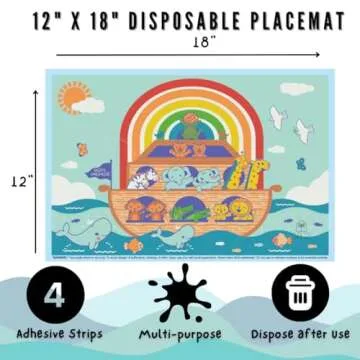 Kids Disposable Placemats for Baby | 60 Noah’s Ark Disposable Placemats for Toddlers w/Adhesives | Stick on Baby Mats for Parents on The Go | Travel Essential